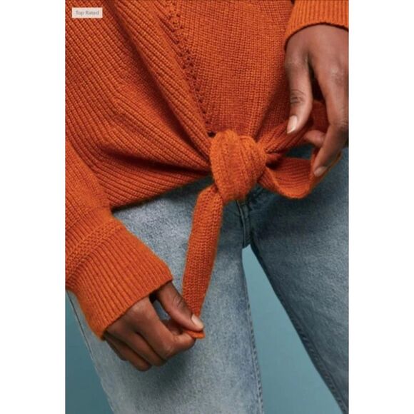 Anthropologie Moth Freeport Tie Front Sweater Sz XS Rust Plunge Neck Long Sleeve - Picture 5 of 14